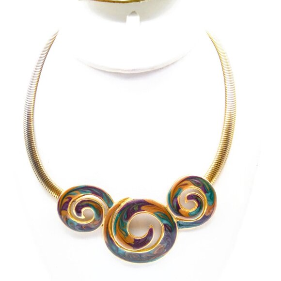 Chic Vintage Bib Omega Necklace, Gold Tone Chain Choker Enamel Triple Swirls - Picture 2 of 4